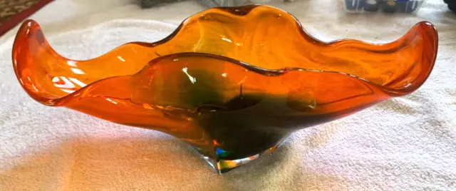 Orange & green CENTREPIECE VASE bowl mid century art glass winged murano style