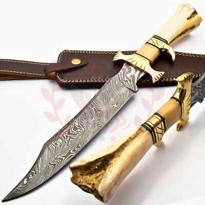 Custom Hand Made Forged Damascus Steel Hunting Bowie Knife Fixed Blade Leather