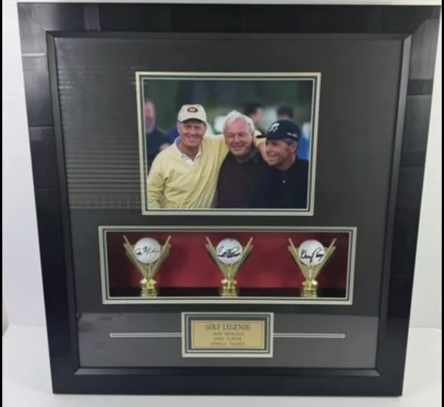 3 x Framed and Signed Golf Balls from Golf Legends Nicklaus Palmer & Player