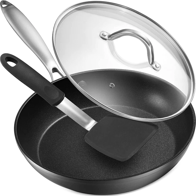 Sartén antiadherente - Juego de utensilios de cocina 10"" sartén dura anodizada, tapa y si