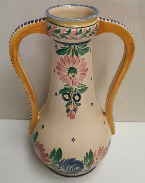 Vintage Quimper Faience Fleuri Royal Pattern Two Handled Tall Vase c1930-63 30cm