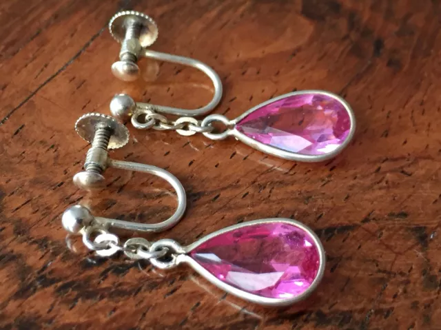 Antique Edwardian Gilt Silver Pink Paste Screw Back Teardrop Dangle Earrings