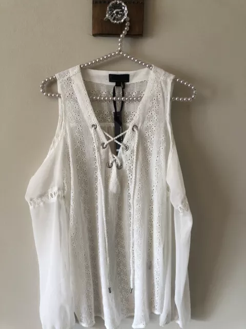 NWT i Jeans By Buffalo Size Small White Cold Shoulder Top Boho Lace Trim