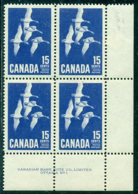 Canada Scott # 415 Plate Block # 1, Stamps Nh, H In Margin, Vf, Great Price!