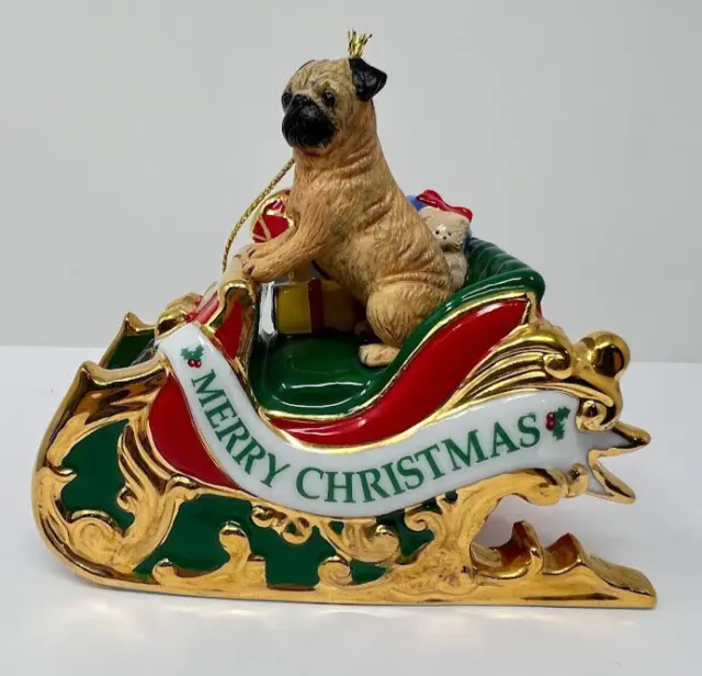 The Danbury Mint Pug Dog Santa's Helper Sleigh Holiday Ornament 2005