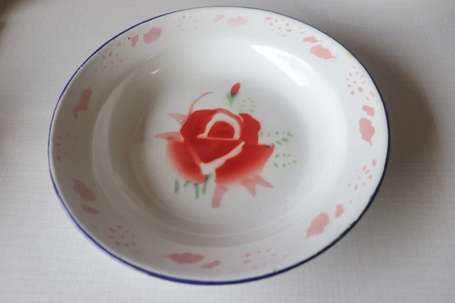 BELLE ANCIENNE ASSIETTE EN TÔLE ÉMAILLÉE - DÉCOR FLEUR - ASSIETTE CREUSE 22 cm