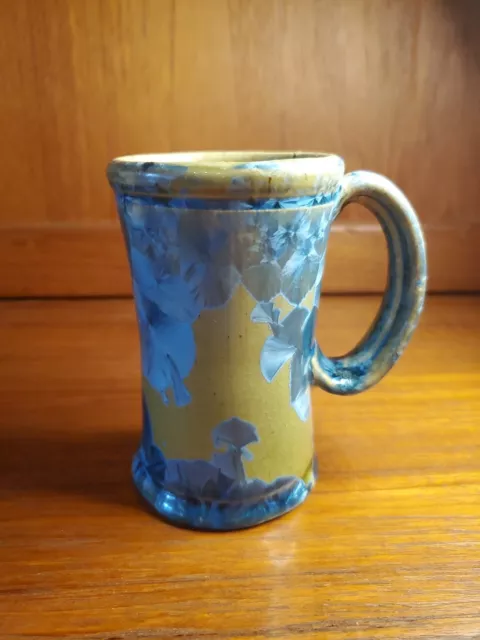 Crystalline Glaze Studio Art Pottery Mug Coffee Tea Shiny GREEN BLUE Glaze EUC