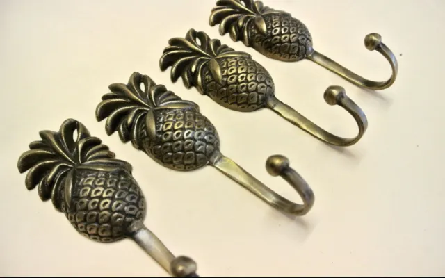 4 small PINEAPPLE BRASS HOOK COAT WALL MOUNTED HANG 100% VINTAGE style hook B