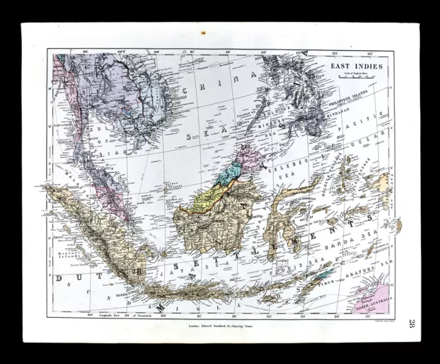 1885 Stanford Map East Indies Philippines Singapore Borneo Sumatra Asia Antique