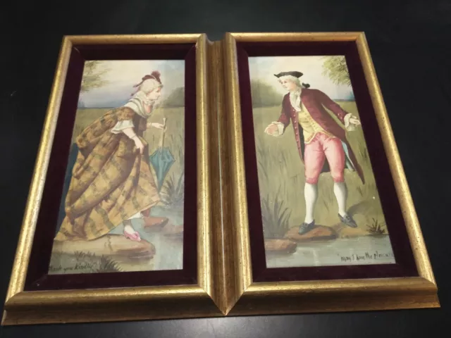 Antique Victorian Framed Pair of English Tiles, Man and Woman c1880