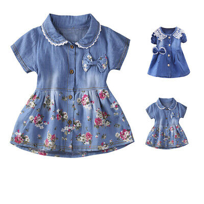 Toddler Baby Girls Fashion Denim Dresses Floral Print Bowknot Short Sleeve Dress