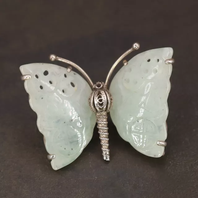 VTG Sterling Silver - SIGNED BJ CHINESE Jade Carved Butterfly Brooch Pin - 7g