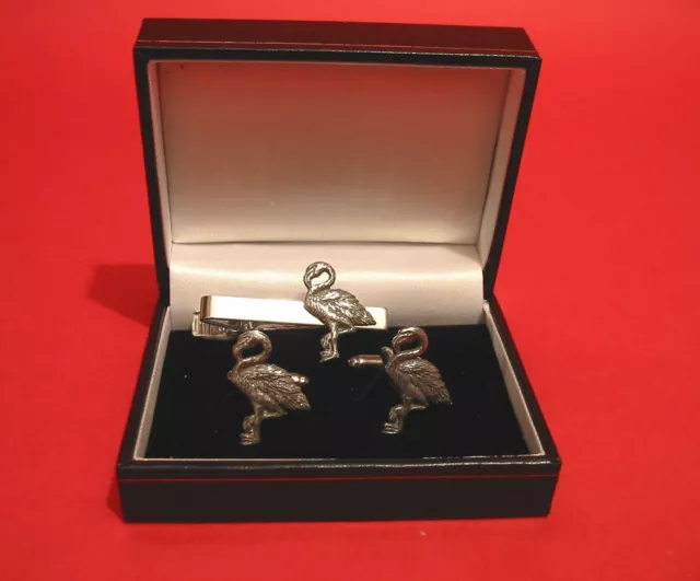 Flamingo Cufflinks & Tie Clip Gift Set Bird Flamingo Jewellery Mum Dad Xmas Gift