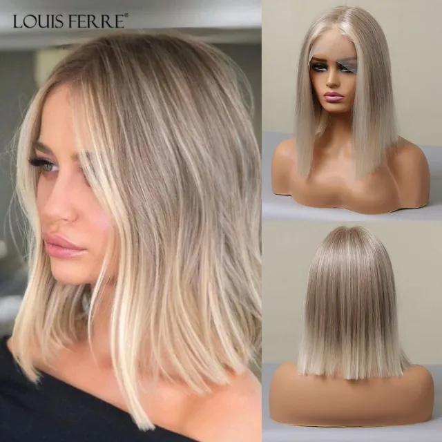 Short Straight Natural Lace Front Blonde Synthetic Wigs 13*1 T Part Ombre Blonde