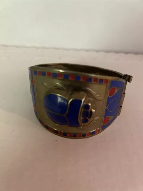 Rare Egyptian Revival Gold Tone Blue Red Enamel Scarab Wide Cuff Bracelet