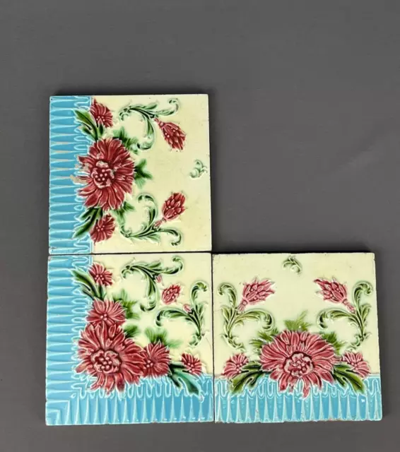 3 Antique Majolica Art Nouveau Floral 6 1/8" x 6 1/8" Tiles Made in England