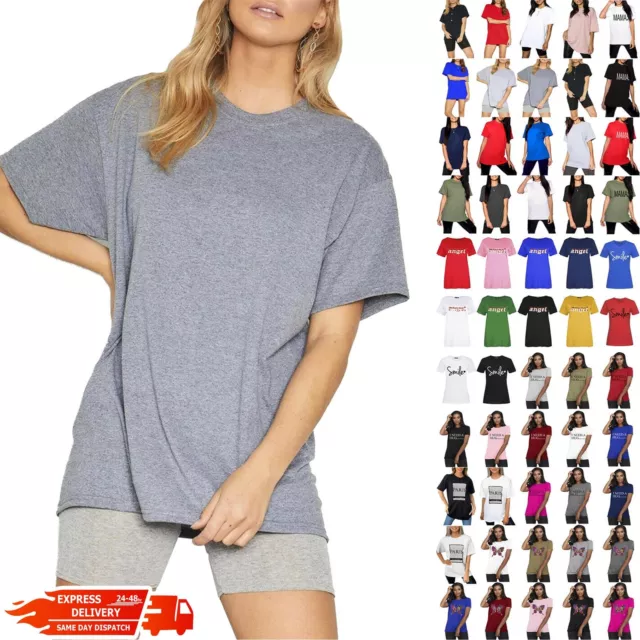 Ladies Womens Baggy Oversized Plain Stretchy Jersey Casual Basic T shirt Tee Top