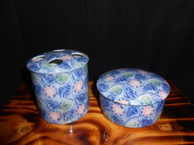 Vtg Pier 1 Imports Bathroom Accs. Toothbrush Holder Trinket Box Beach Shells