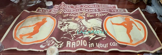 FORD MOTOR COMPANY c1930s FABULOUS HUGE PROMO BANNER 4 RADIOS WORLD SERIES