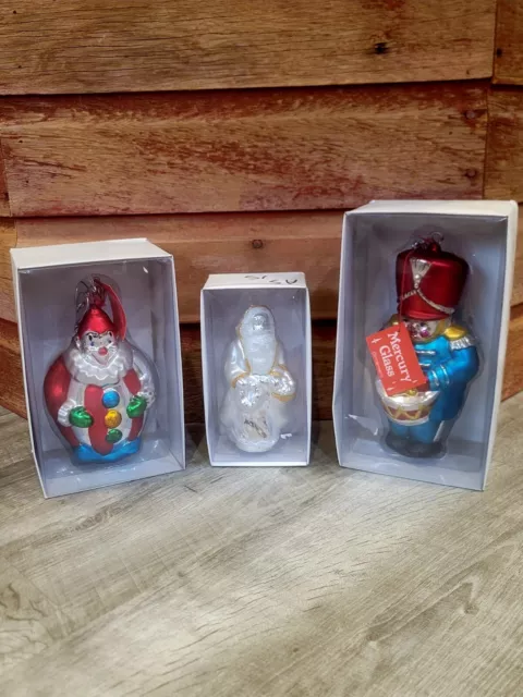 Dept 56 Mercury Glass Hand Blown Ornament Lot of 3 Clown Silver Santa Nutcracker