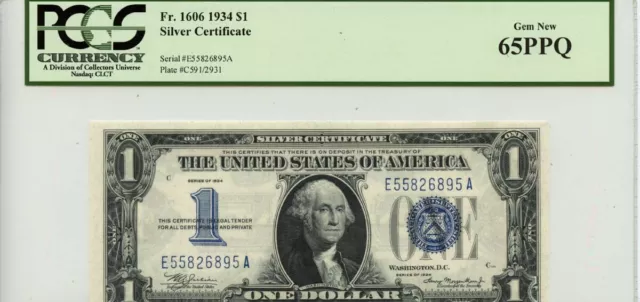 1934 $1 Silver Certificate Blue Seal FR#1606 PCGS Gem 65 PPQ