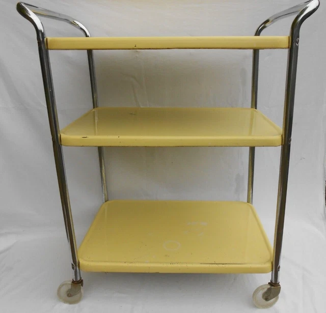 Vintage Costco Sylvaire 3 Tier Yellow Shelf Chrome Handled Metal Utility Cart CT