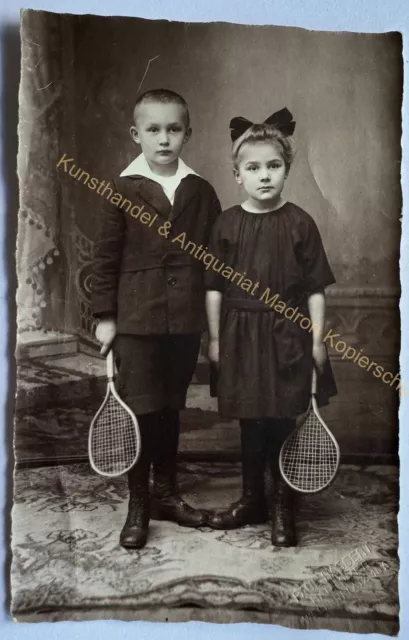 orig. Foto AK Kinder Junge Mädchen Tennis um 1920 Hannover