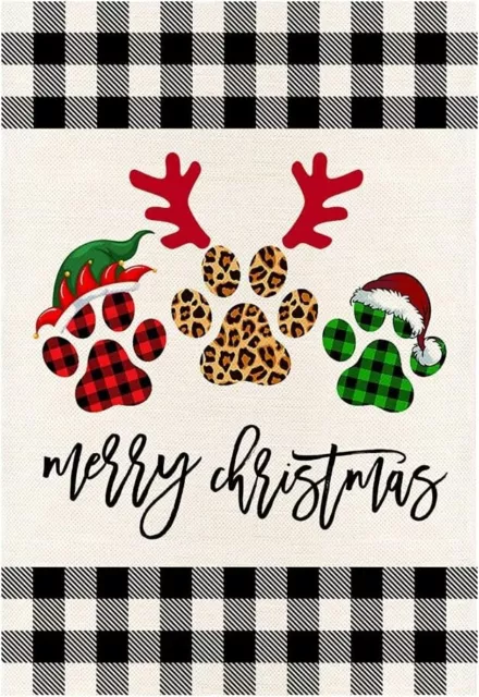 Merry Christmas Dogs Cats Paws Buffalo Plaid Leopard Burlap