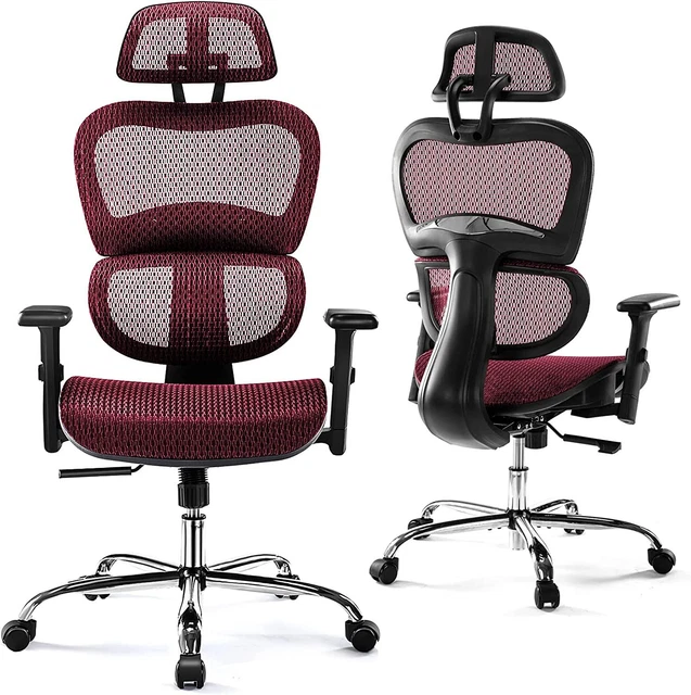 Ergonomic High Back Office Chair - with Headrest, Dark Red