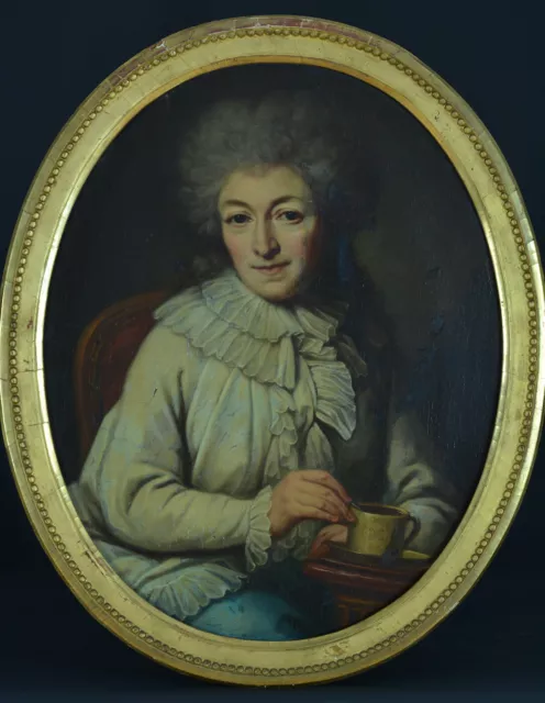 Tableau ancien portrait de Dame de Qualité  costume Louis XVI 18 ème ovale hst