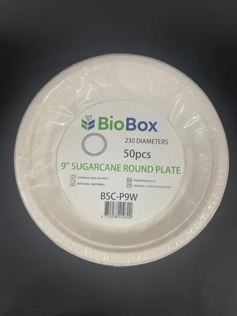 (50pcs) BioBox 9" Sugarcane 230mm Round Plate Degradable BBQ Party BIO BOX