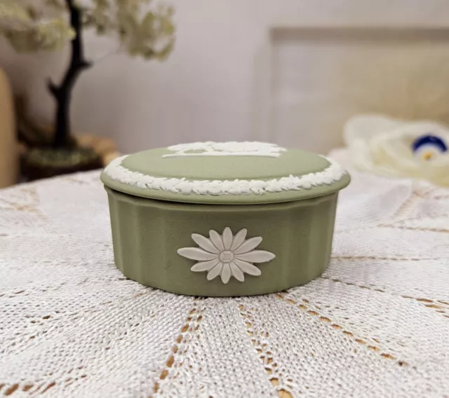 Wedgwood Green Jasperware Oval Trinket Box With Lid