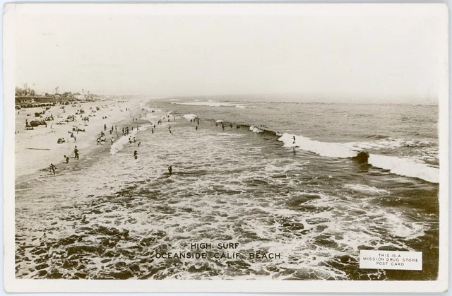 Vintage 1938 Mission Drugstore RPPC Swimmers & High Surf at Beach Oceanside CA