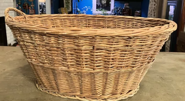 NICE Large Vintage One Handled Primitive Wicker Laundry Basket 24”x18”x10” Deep