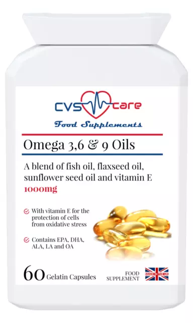 Aceites Omega 3, 6 y 9 1000 mg - Aceite de vitamina Omega E - Hecho en el Reino Unido, 60 cápsulas / 2 meses