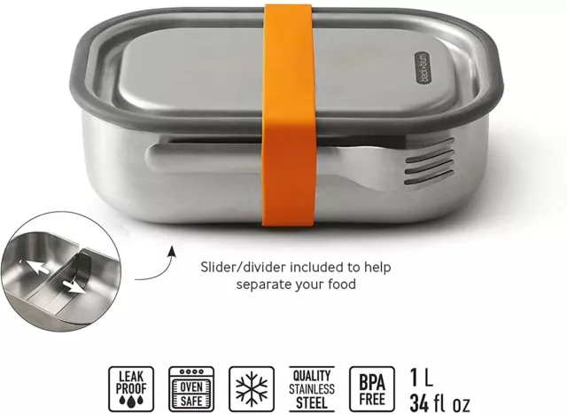 Stainless Steel Lunch Box (1 L) with Fork, Divider _ Leakproof _ Black and Blum