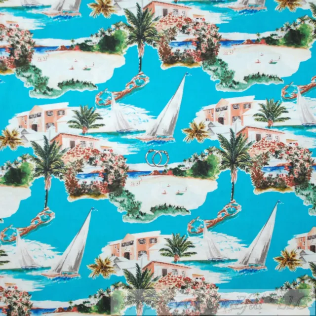 BonEful Fabric FQ Cotton Quilt Blue Aqua Ocean Sea Scenic Palm Tree Sail Boat US