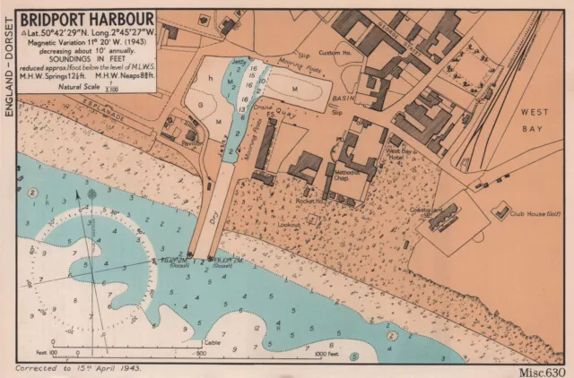Bridport Harbour town plan & sea coast chart. Dorset. ADMIRALTY 1943 old map