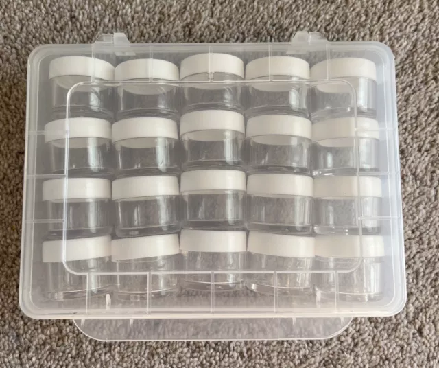 Craft Hobby Storage Case 20 x Clear Plastic 10ml Jars in Organiser Box New Look!