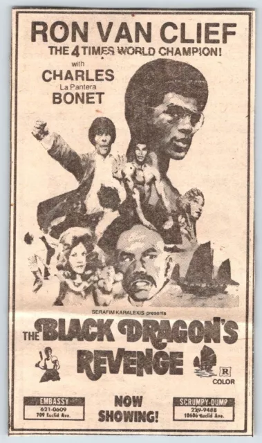 1976 RON VAN CLIFF BLACK DRAGON'S REVENGE KUNG FU MOVIE AD 3"X5" Newspaper EBS16