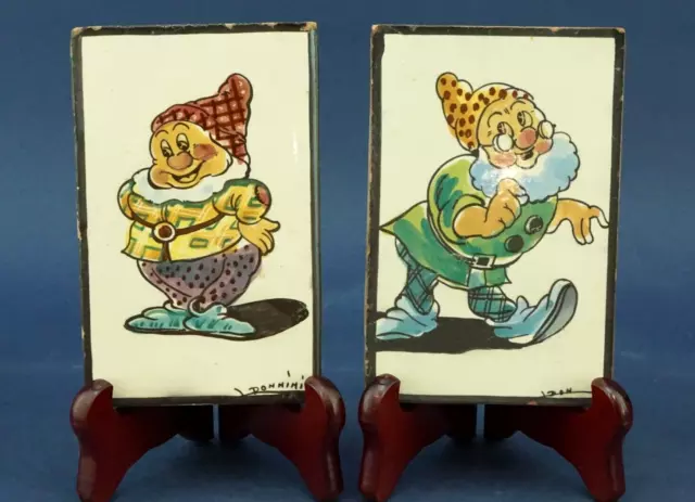 L. DONNINI Pair Italy ceramic tiles Snow White dwarfs Disney 1900 Zaccagnini sch