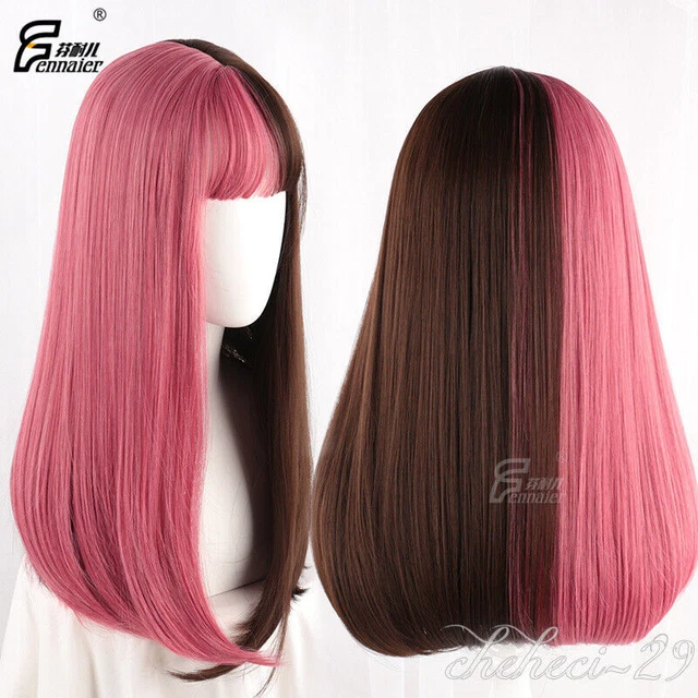 Peluca ondulada natural de pelo largo y liso con bangs cosplay alta temperatura