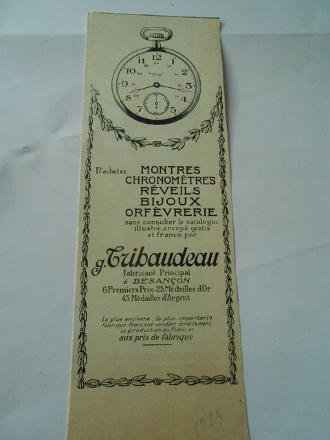 Publicité 1923  Montres Chronomètres réveils G. Tribaudeau à Besançon
