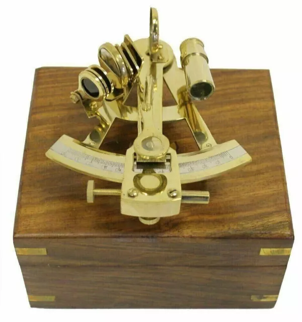 4"Marine Antique engraved handmade designer Brass sextant With Wooden box