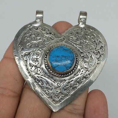 1pc, 2.3"x2.1"x0.5",Turkmen Pendant Blue Turquoise Inlay Heart Handmade,TN552