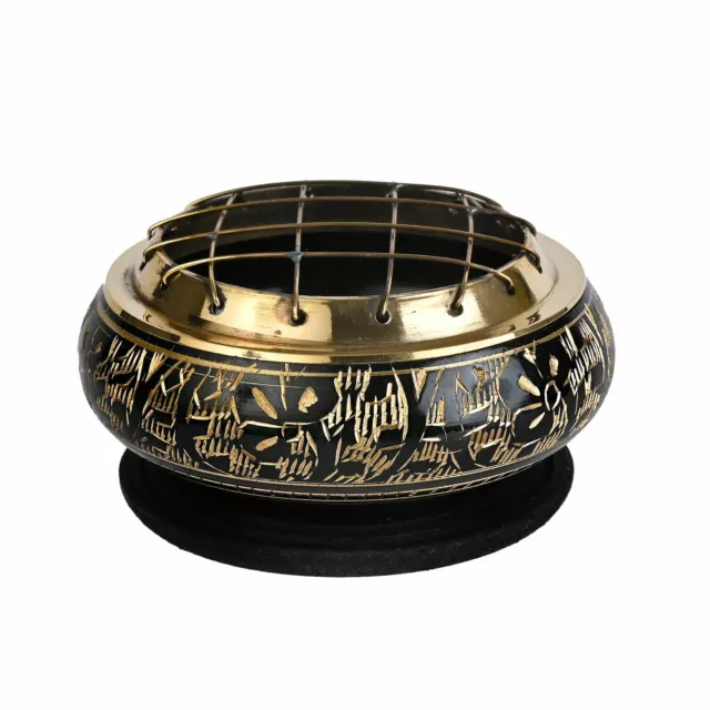 Decorated Brass Black Charcoal Screen Incense Burner - 2.75" Tall - Coaster