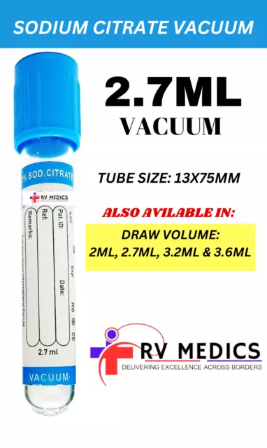 Vacuum Blood Collection Sodium Citrate 3.2% Light Blue, 13X75Mm, 2.7Ml Exp 2026