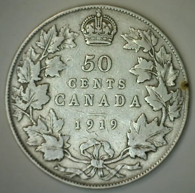 1919 Silver Canada 50 Cents Coin Circulated Very Good 50c Canadian Half Dollar