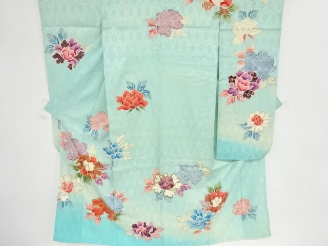 40955# Japanese Kimono / Antique Furisode / Embroidery / Peony