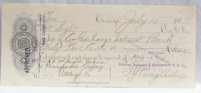 Calumet Hammond & Southeastern Railroad Chicago IL Antique Bank Check 1909 PRR